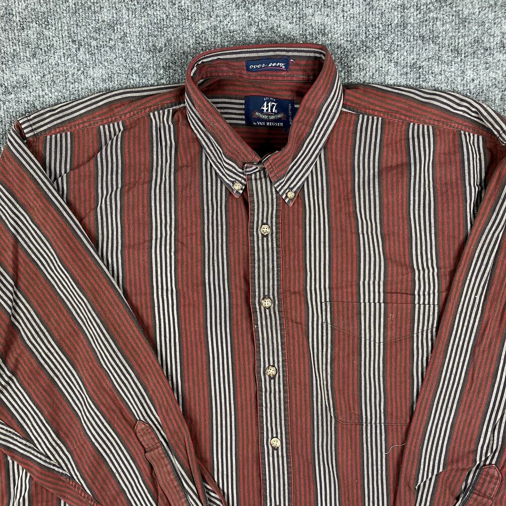 Van‎ Heusen 417 Button-Up Shirt Mens XL Striped Brown Black Long Sleeve Casual